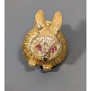 Vintage Gold Crown Bunny Rabbit Pin Brooch Tremble Pink Rhinestones